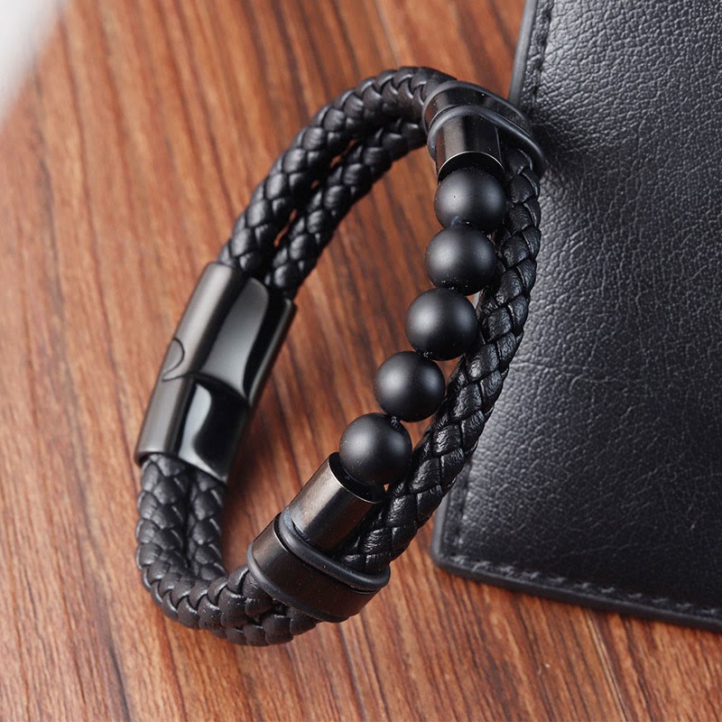 Lava Rock Frosted Stone Healing Leather Magnetic Buckle Bracelet