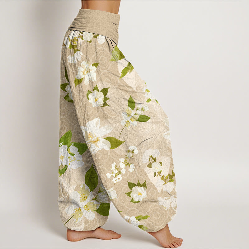Casual White Magnolia Flowers Leaves Women's Elastic Waist Harem Pants