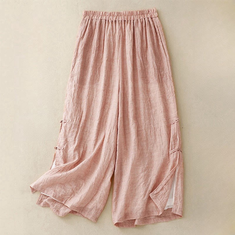 Casual Plain Color Chinese Frog Button Cotton Linen Women's Wide Leg Pants