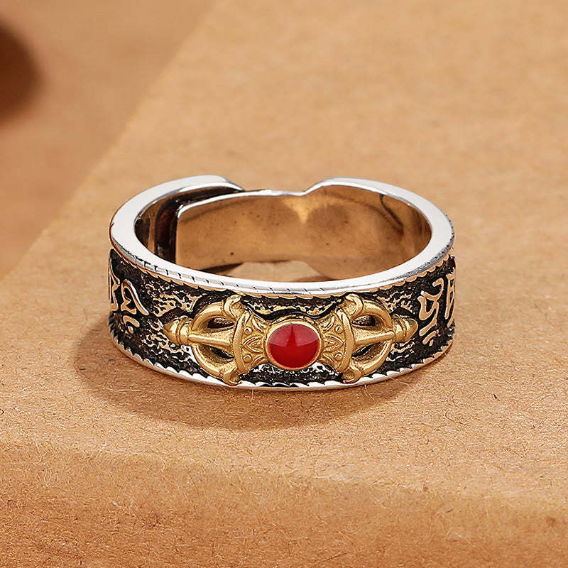 Tibetan Om Mani Padme Hum Red Agate Dorje Vajra Design Wisdom Ring