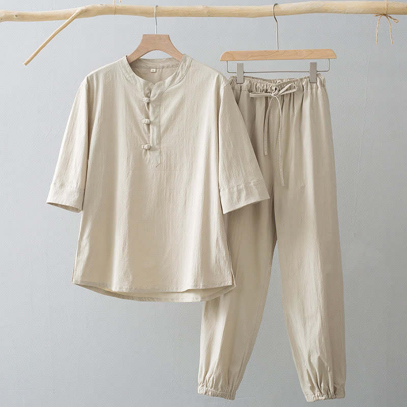 Frog-Button Three Quarter Sleeve Shirt Pants Men's Suit