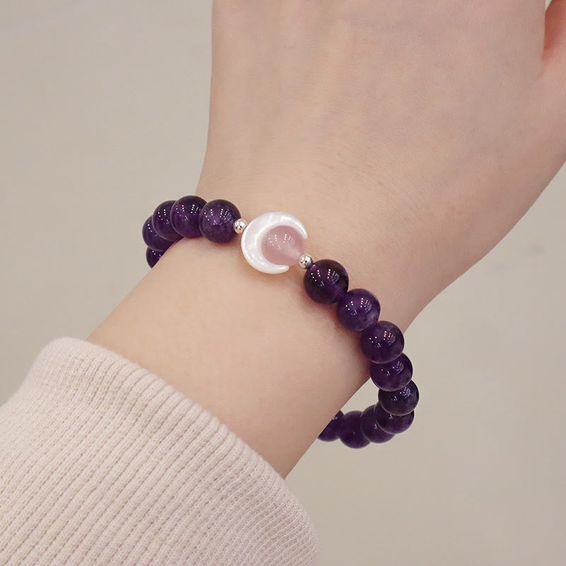 925 Sterling Silver Natural Amethyst Aquamarine Pink Crystal Cat's Eye Healing Crescent Moon Bracelet