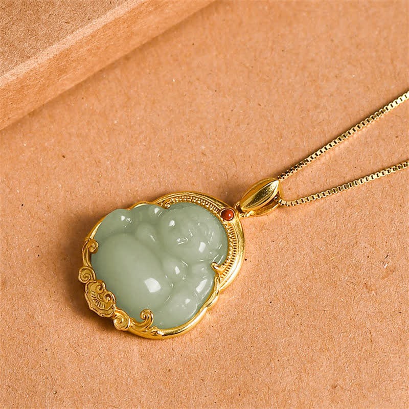 925 Sterling Silver Laughing mystic zen Natural Hetian Jade Luck Prosperity Necklace Pendant
