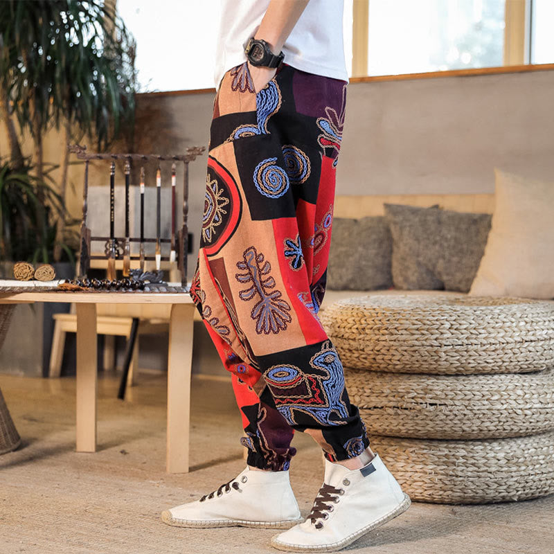 Grid Flower Print Cotton Men's Harem Pants With Pockets