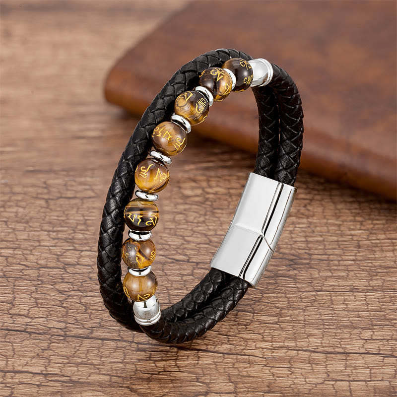 Black Onyx Turquoise Tiger Eye Red Agate Om Mani Padme Hum Strength Leather Bracelet