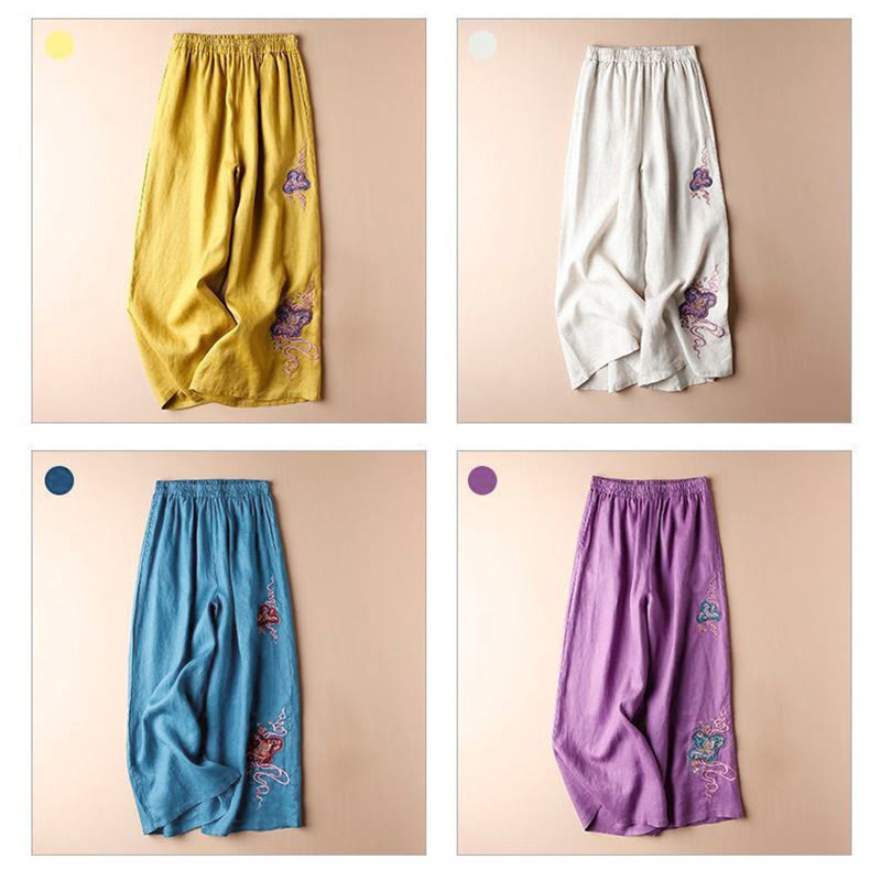 Women Casual Loose Cotton Linen Embroidery Wide Leg Pants With Pockets