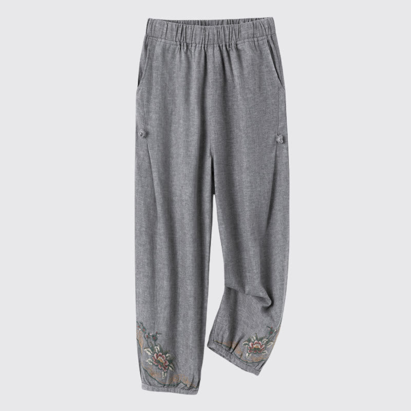 Casual Flower Embroidery Women's Cotton Linen Pants With Pockets