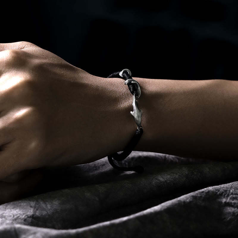 999 Sterling Silver Shark Black Wax Rope Protection Bracelet