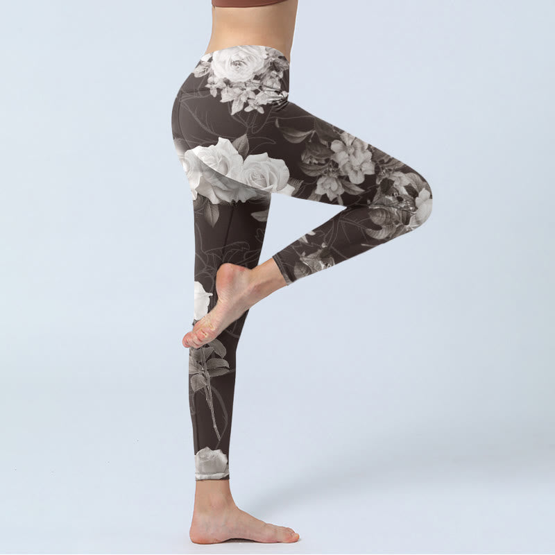 Gray White Rose Print Gym Fitness Leggings Women's Yoga Pants