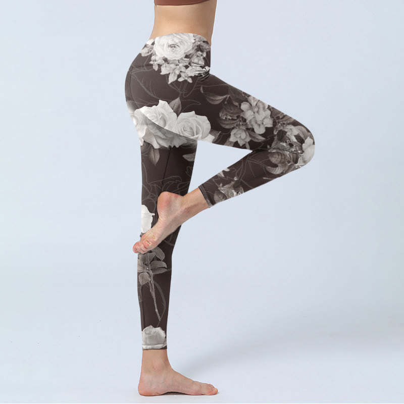 Gray White Rose Print Gym Fitness Leggings Women's Yoga Pants