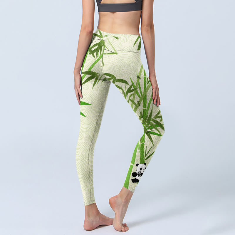 Lush Bamboo Panda Auspicious Cloud Waves Print Gym Leggings Women's Yoga Pants