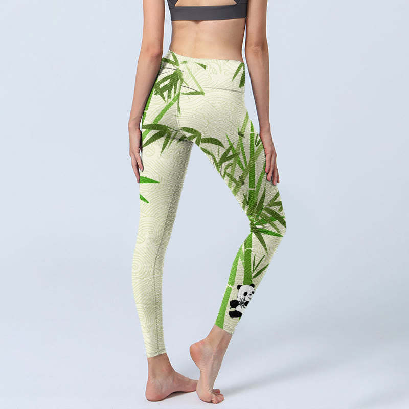 Lush Bamboo Panda Auspicious Cloud Waves Print Gym Leggings Women's Yoga Pants