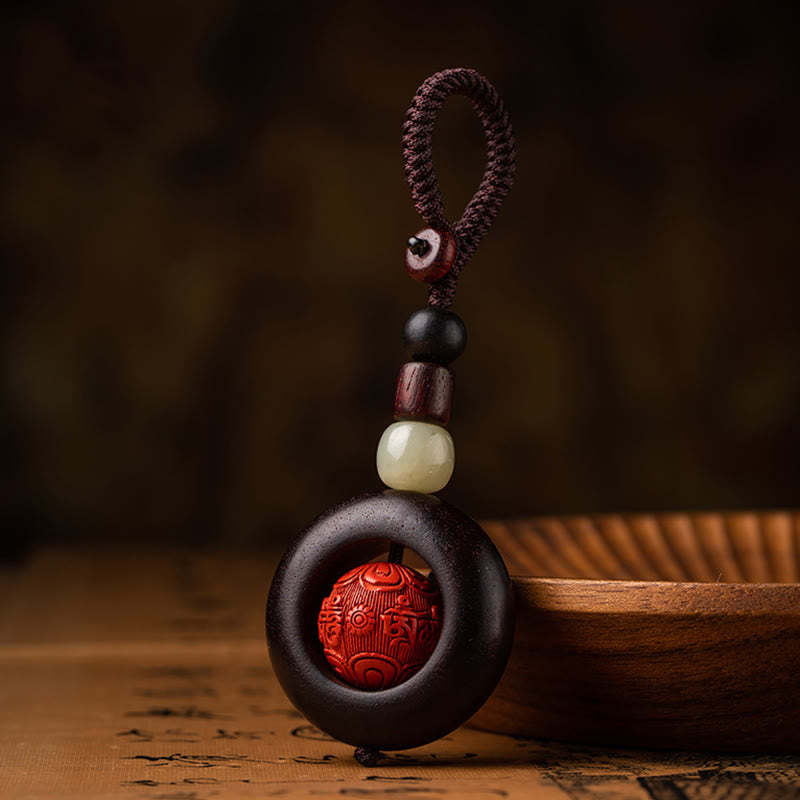 Tibet Om Mani Padme Hum PiXiu Copper Coin Small Leaf Red Sandalwood Cinnabar Protection Key Chain
