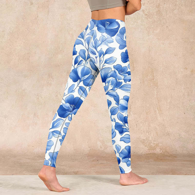 Blue Flowers Print Fitness Leggings Women's Yoga Pants