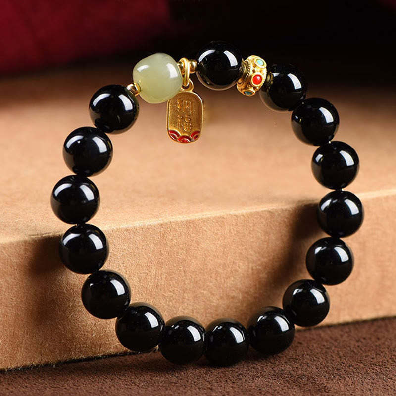 Black Onyx Hetian Jade Bead Lucky Fortune Charm Bracelet
