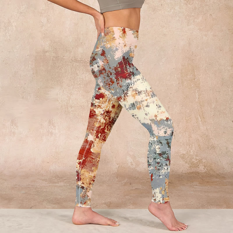 Beige Red Grey Abstract Design Print Exercise Leggings Women's Yoga Pants