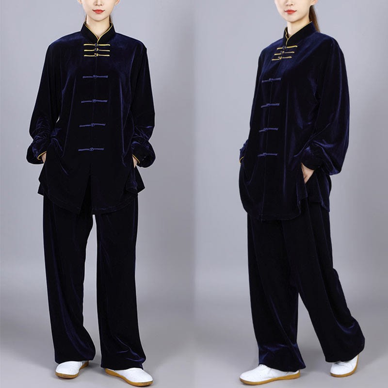 2Pcs Fall Winter Tai Chi Qigong Practice Unisex Frog-Button Meditation Velour Clothing Set