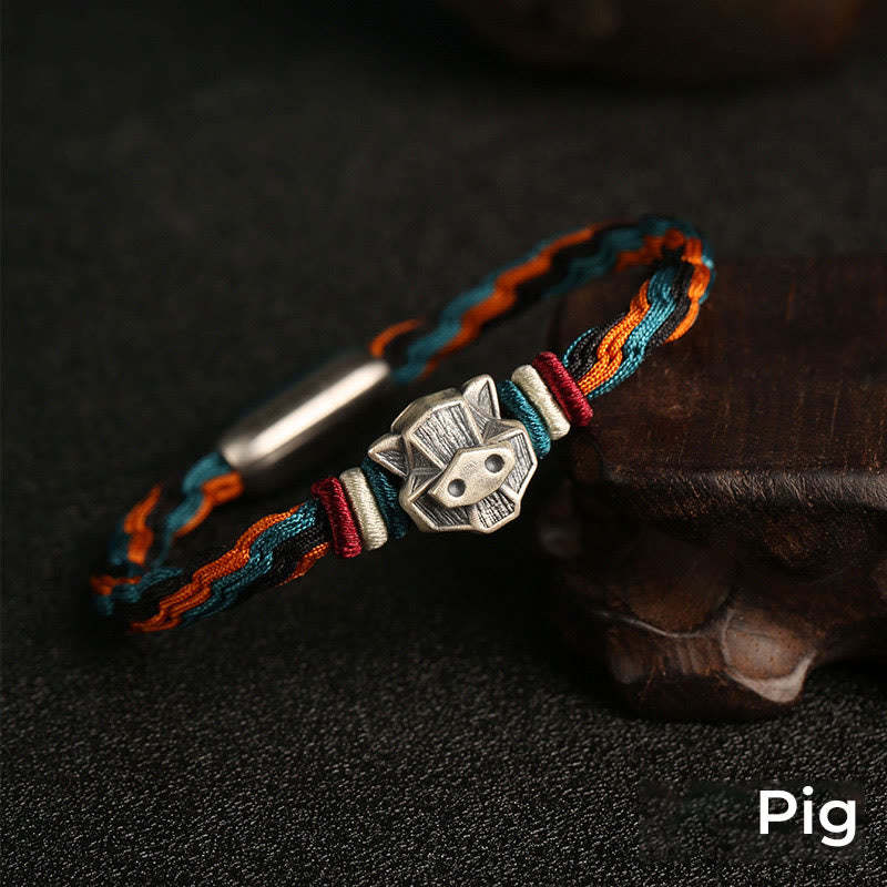 Handmade 999 Sterling Silver Year of the Dragon Chinese Zodiac Protection Colorful Reincarnation Knot Rope Bracelet