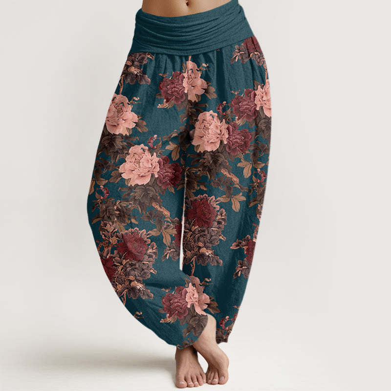 Casual Lush Peony Flowers Leaf Pattern Women's Elastic Waist Harem Pants