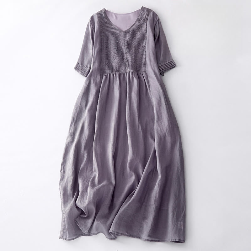 Casual Accordion Pleat Plain V-neck Short Sleeve Linen Midi Dress With Pockets