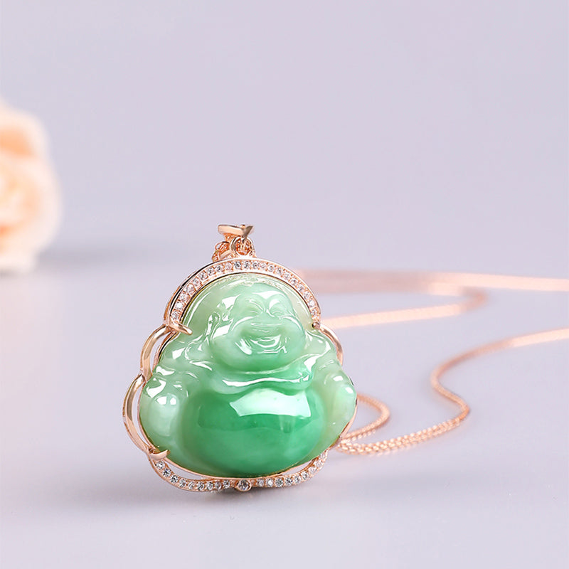 925 Sterling Silver Laughing mystic zen Natural Jade Prosperity Necklace Chain Pendant
