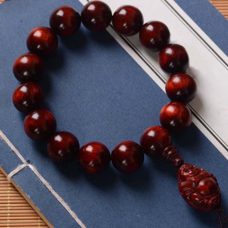 Small Leaf Red Sandalwood Laughing mystic zen God of Wealth Protection Bracelet