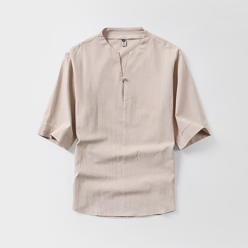 Casual Plain Color One Button Three Quarter Sleeve Cotton Linen Men's Shirt