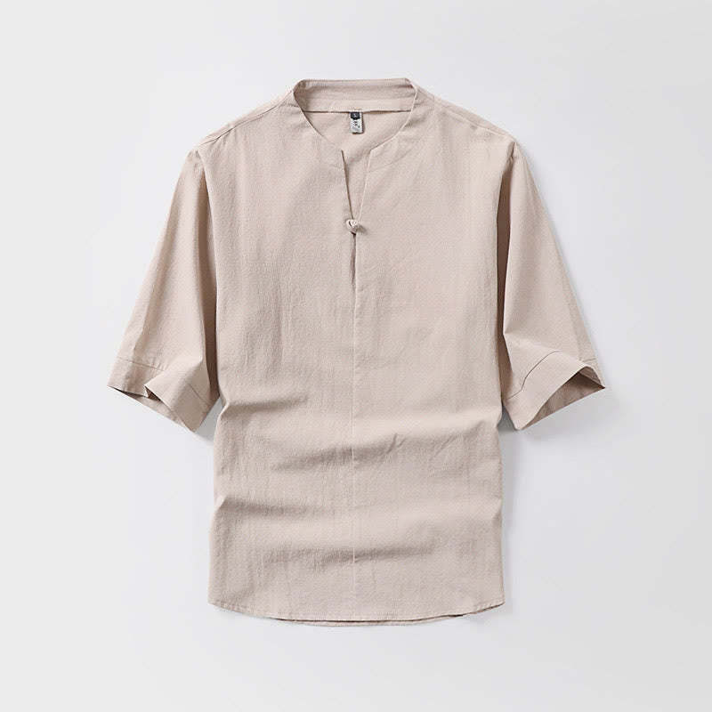Casual Plain Color One Button Three Quarter Sleeve Cotton Linen Men's Shirt