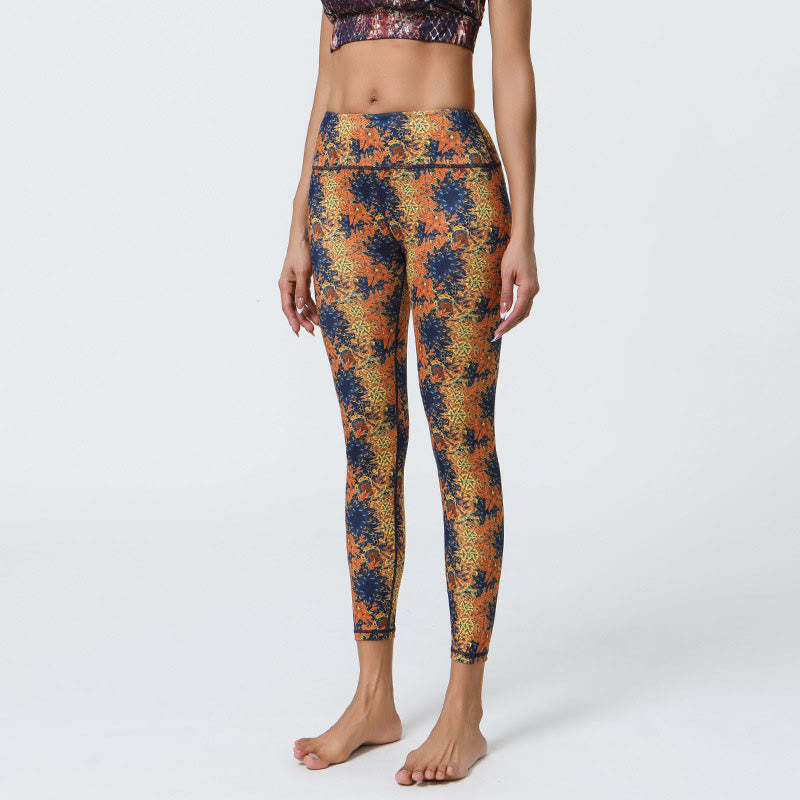 Flowers Geometric Mandalas Print Sports Fitness Yoga High Waist Leggings Women's Pants