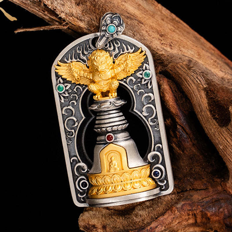 925 Sterling Silver Tibetan Garuda Bird Vajra Dorje Bell Protection Necklace Pendant