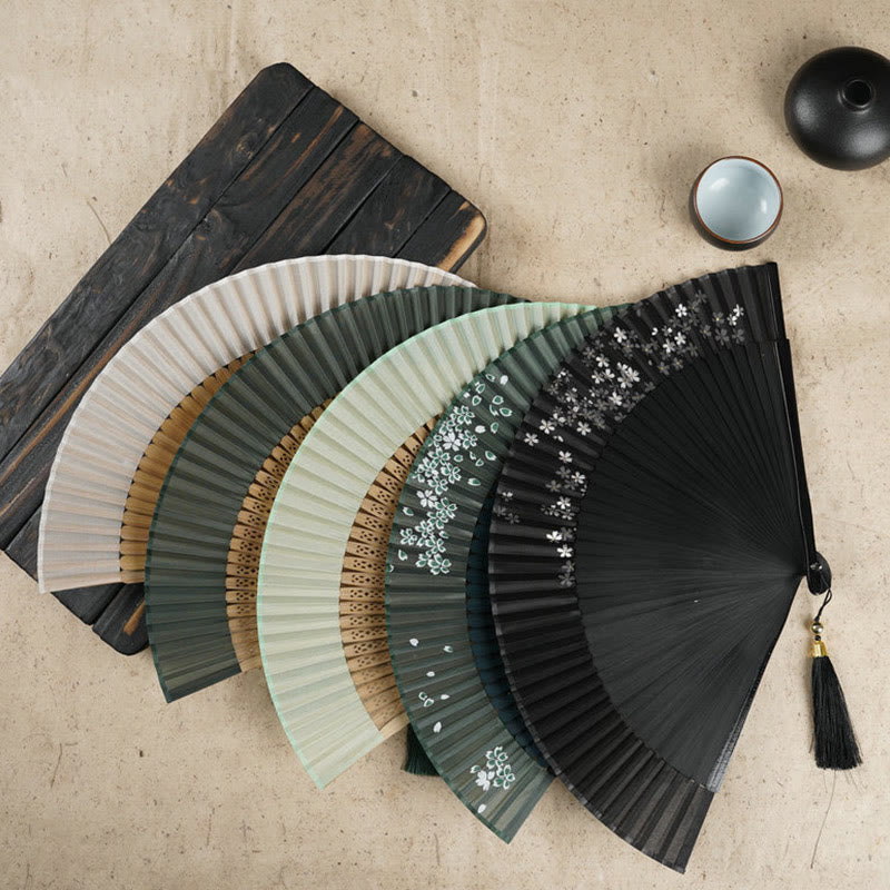 Simple Cherry Flower Hollow Engraved Handheld Bamboo Folding Fan