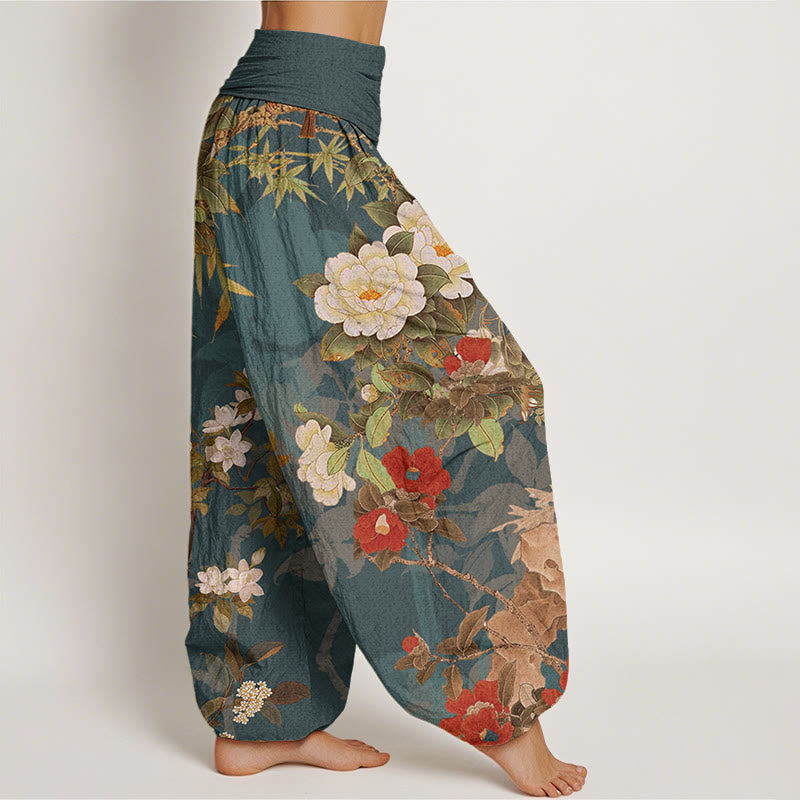 Casual Peony Flowers Leaves Magpie Women's Elastic Waist Harem Pants