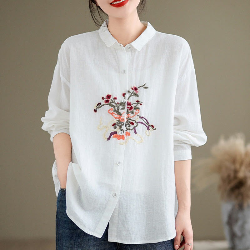 Flower Embroidery Long Sleeve Cotton Linen Women's Shirts