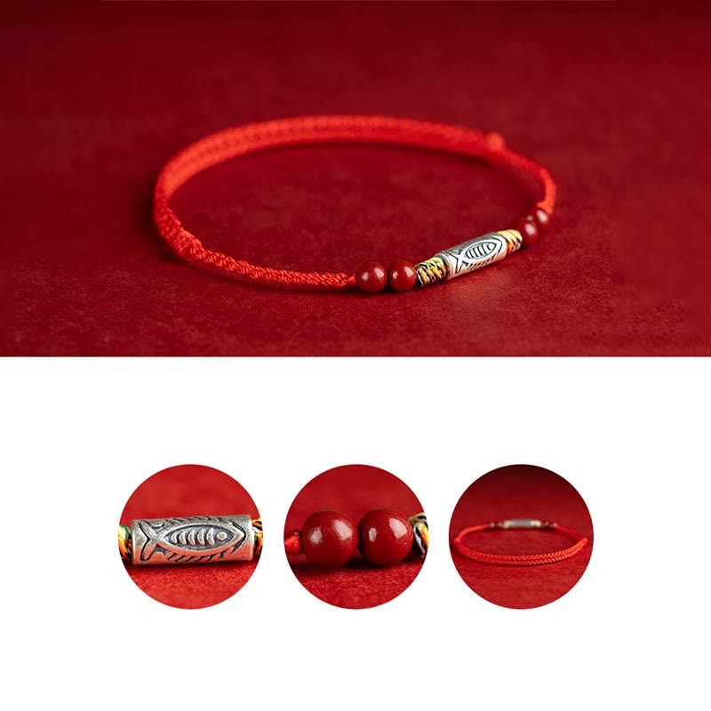 925 Sterling Silver Koi Fish Cinnabar Bead Wealth Handcrafted Braided Bracelet Anklet