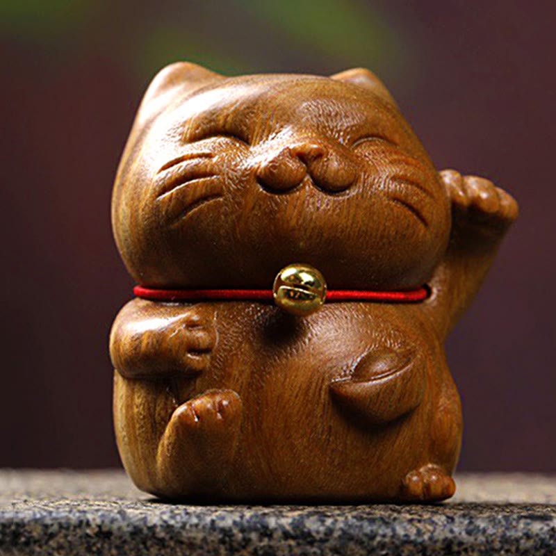 Green Sandalwood Small Mini Cute Lucky Cat Peace Decorations