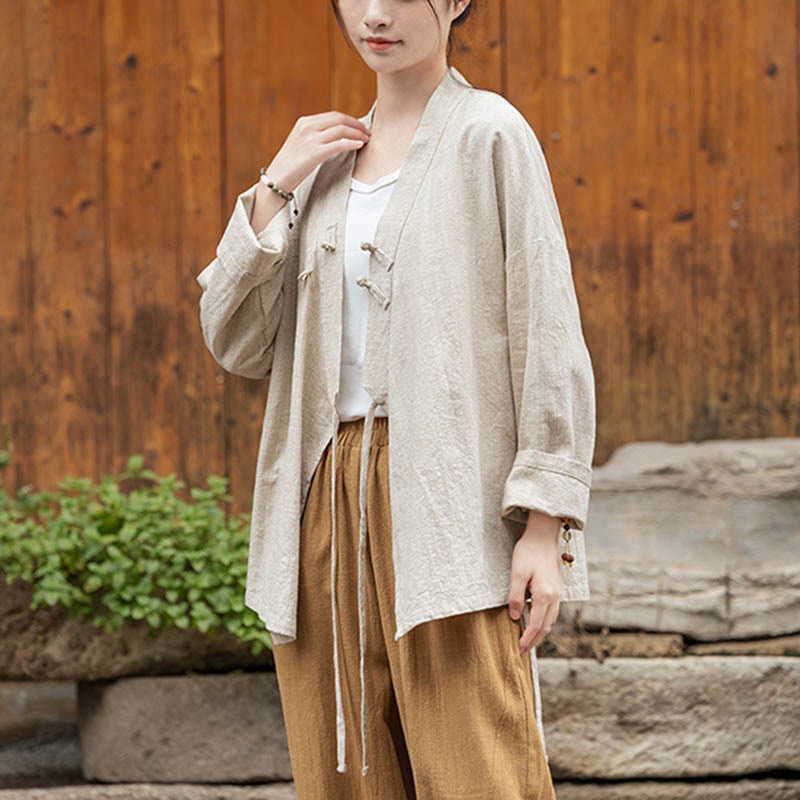 Frog-Button Hanfu Design Shirt Top Ramie Linen Jacket