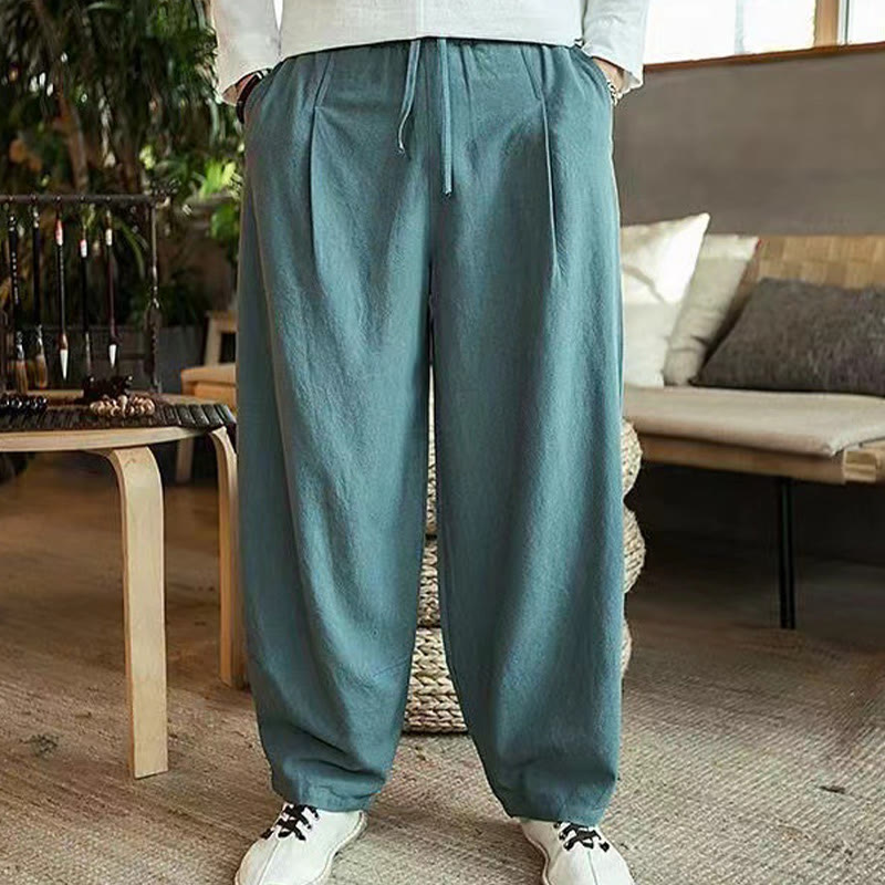Casual Simple Drawstring Men's Cotton Harem Pants With Pockets