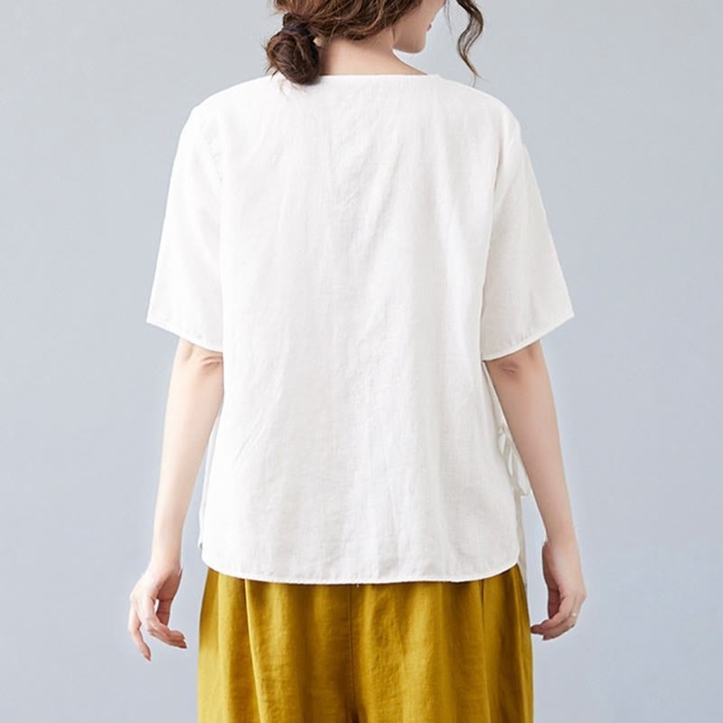 Summer Casual Ethnic Embroidery Flower Lace-up Short Sleeve V-neck Cotton Linen Women's T-Shirt