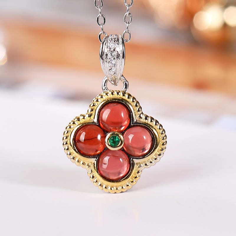925 Sterling Silver Natural Garnet Four-leaf Clover Protection Necklace Pendant Ring