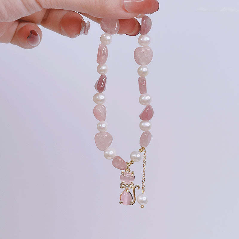 Natural Strawberry Quartz Pearl Cat Positive Bracelet