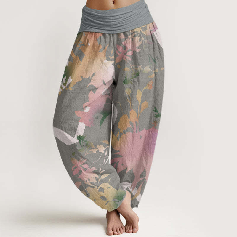 Abstract Floral Paintings Ribbon Design Women's Elastic Waist Harem Pants