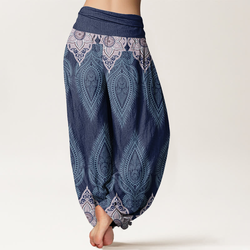 Casual Feather Flower Design Women's Elastic Waist Harem Pants