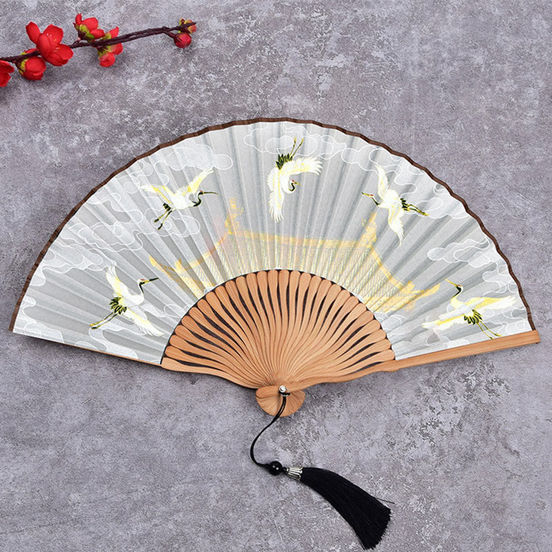 Cranes Auspicious Clouds Solid Color Gradient Handheld Cotton Linen Fabric Bamboo Folding Fan