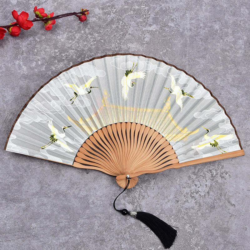 Cranes Auspicious Clouds Solid Color Gradient Handheld Cotton Linen Fabric Bamboo Folding Fan