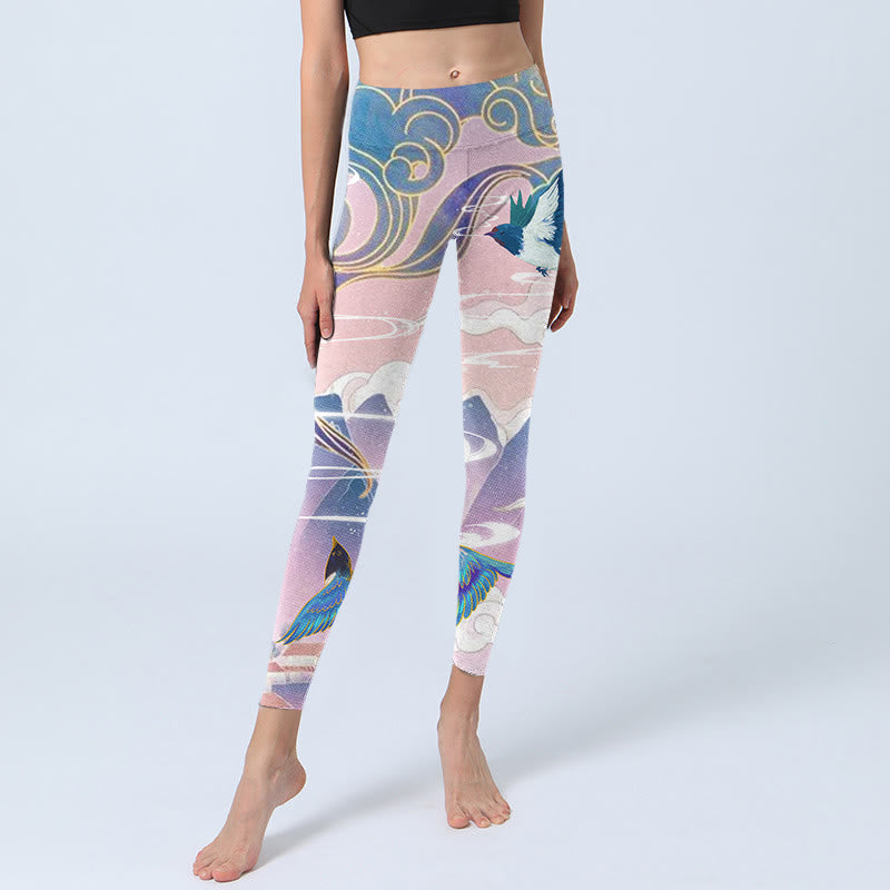 Swallow Magpie Flower Mountain Auspicious Clouds Print Gym Leggings Women's Yoga Pants