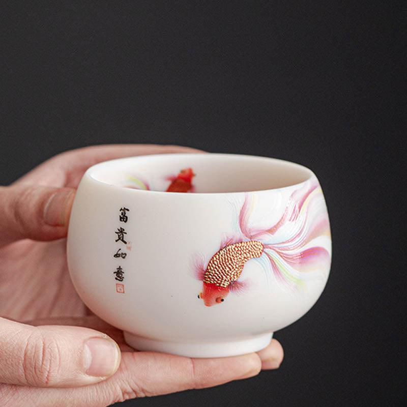 Koi Fish White Porcelain Ceramic Teacup Kung Fu Tea Cup