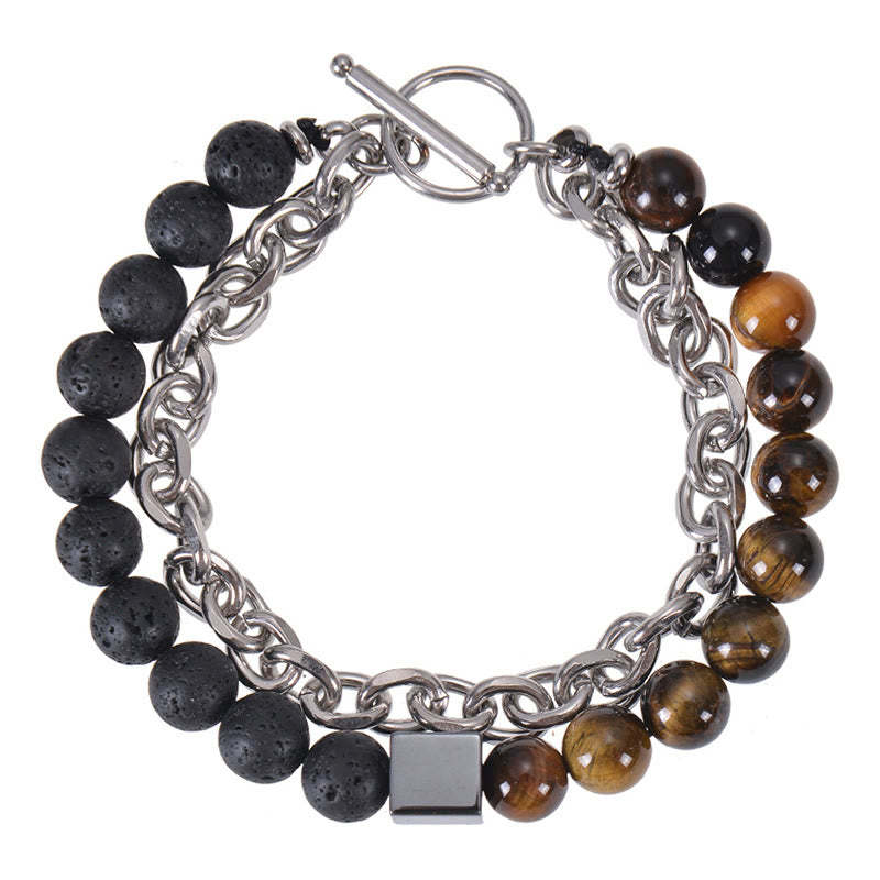 Colorful Tiger Eye Frosted Stone Black Magnetite Titanium Steel Double Wrap Protection Bracelet