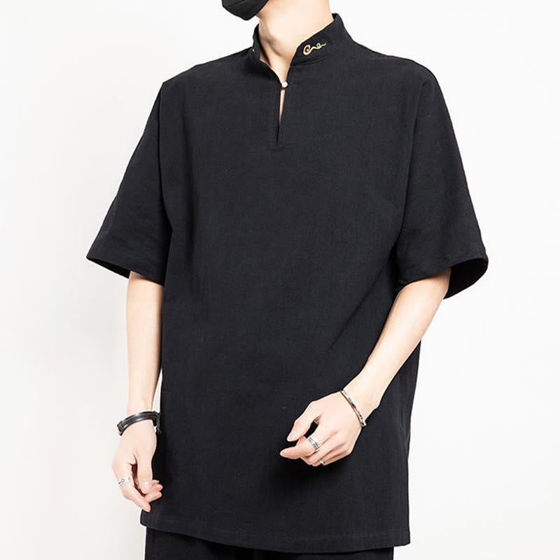 Chinese Tang Suit Embroidery Half Sleeve Shirt Linen Men Clothing
