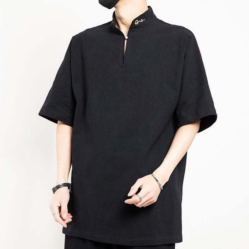 Chinese Tang Suit Embroidery Half Sleeve Shirt Linen Men Clothing