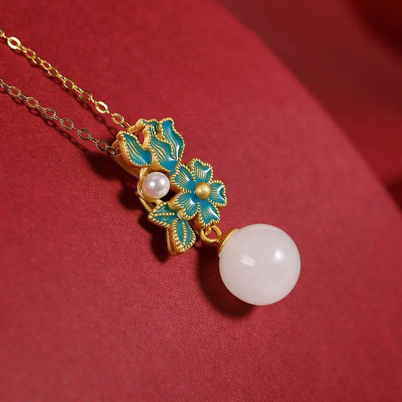White Jade 925 Sterling Silver Pearl Flower Blessing Necklace Pendant Ring Earrings